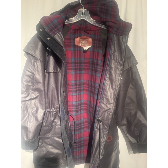 VTG Woolrich Made in USA Waxed Cotton Barn Coat Jacket Womens L Wool Plaid Lined - Picture 7 of 13